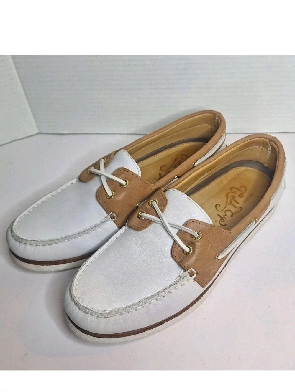 Sperry Authentic Gold Cup 2 EYE Boat Shoes Ivory Leather Lambskin Lining Mens 9